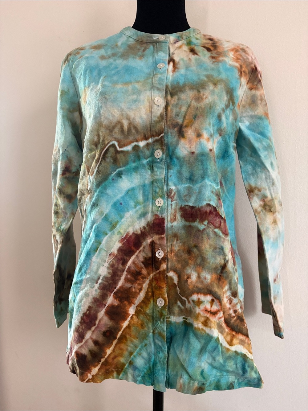 Liz Claiborne Multicolor Tie-Dye Button Turquoise & Brown Hues Ssz